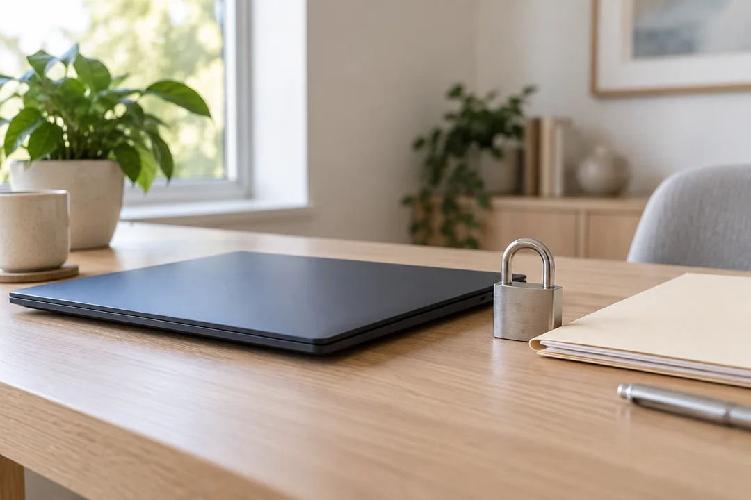 Laptop und Vorhängeschloss auf einem Schreibtisch, KI-generiertes Symbolbild