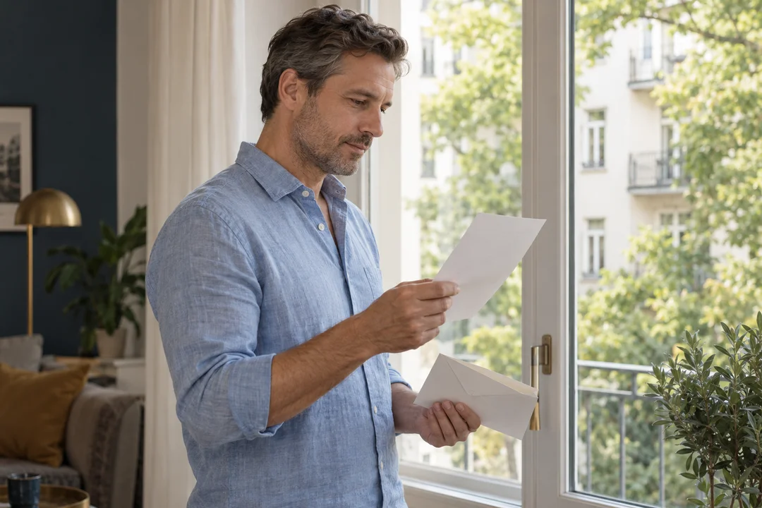 Mann liest einen Brief am Fenster, KI-generiertes Symbolbild