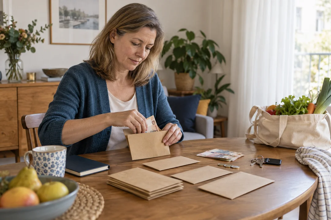 Frau verteilt ihr Haushaltsbudget auf Umschläge, KI-generiertes Symbolbild