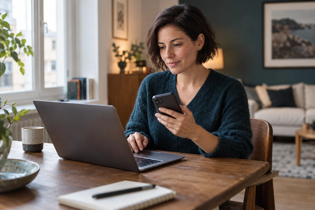Frau prüft eine Banking-Anwendung auf ihrem Smartphone, KI-generiertes Symbolbild